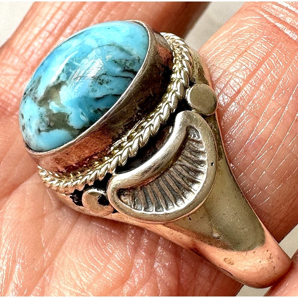 Navajo Mens Band Turquoise Ring Sz 12 Signed AT 19mm Native American Blue